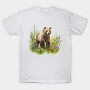 Watercolor picture of a brown bear and beautiful colored flowers. T-Shirt